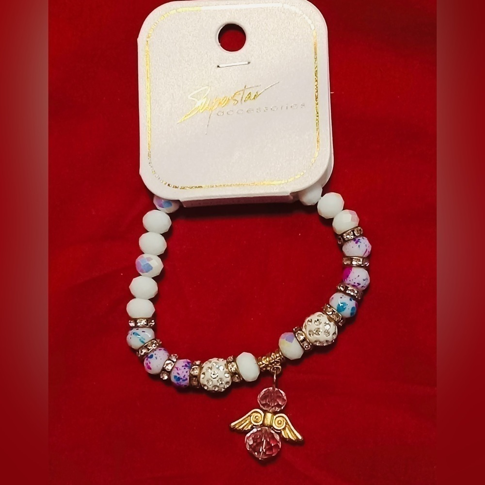 ⭐️2 FOR 12 SALE ANGEL CHARM DANGLE GLASS BEAD RHINESTONE BRACELET 7”⭐️ M…